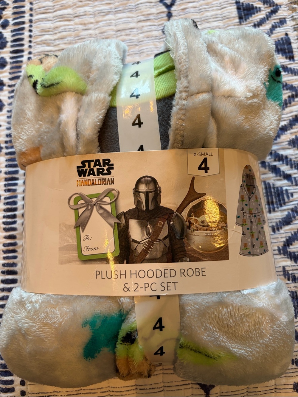 Children’s Plush Hooded Robe & 2-Pc Set - Light Gray with Green Accents. Size 4
